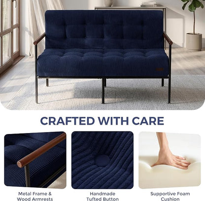 MAXYOYO Living Room Accent Chair, Loveseat Sofa Chair with Sturdy Metal Frame & Wood Armrests, Button Tufted Upholstered Small Couch Modern Love Seat for Bedroom Office, Navy