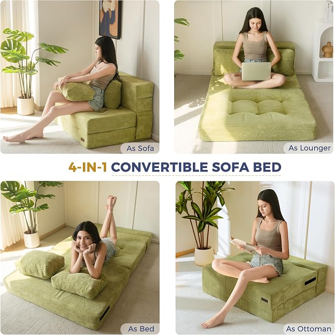 MAXYOYO Convertible Sofa Bed, Fold Out Sofa Couch with Pillow, 4 in 1 Tufted Folding Couch Bed Foam Floor Couch, Lazy Chair for Living Room Bedroom Guest Room, Green