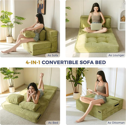 MAXYOYO Convertible Sofa Bed, Fold Out Sofa Couch with Pillow, 4 in 1 Tufted Folding Couch Bed Foam Floor Couch, Lazy Chair for Living Room Bedroom Guest Room, Green