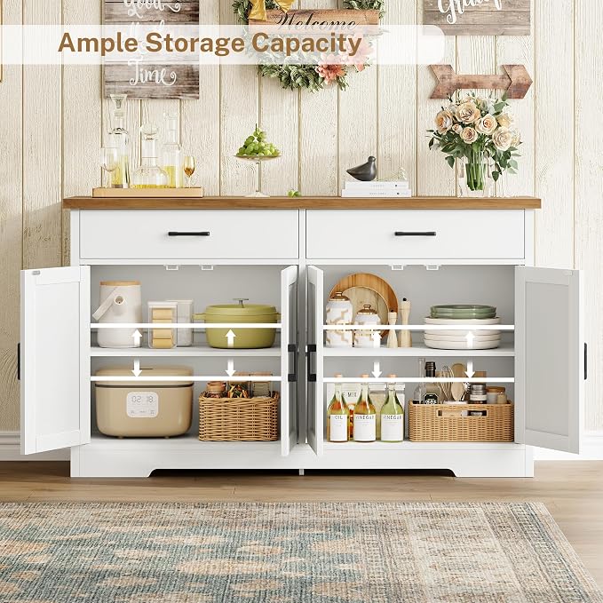 usikey Buffet Cabinet with Storage and 2 Drawers, Large Sideboard Buffet Cabinet with Adjustable Shelves and Doors, Modern Coffee Bar Cabinet, White