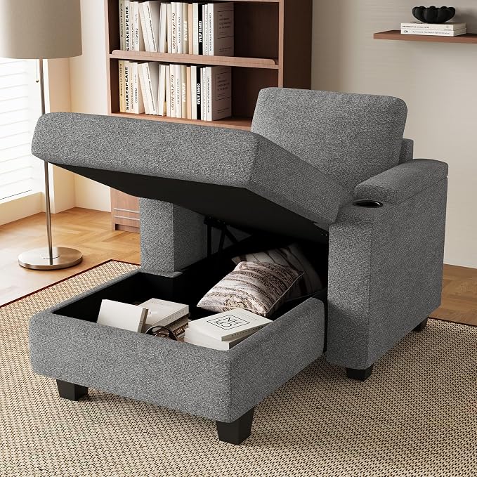 Belffin 52.8" Deep Storage Chaise Lounge with Cup Holder for Apartment Couch Light Grey