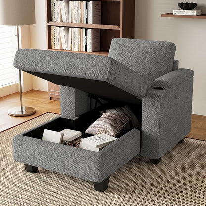 Belffin 52.8" Deep Storage Chaise Lounge with Cup Holder for Apartment Couch Light Grey