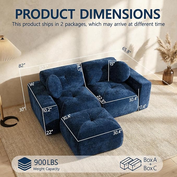82" Modular Sectional Cloud Couch, L Shaped Sofa Boneless Couches with Movable Ottoman, 2 Deep Seat Modern Comfy Velvet Sofa for Living Room, Bedroom, Apartment (Blue)