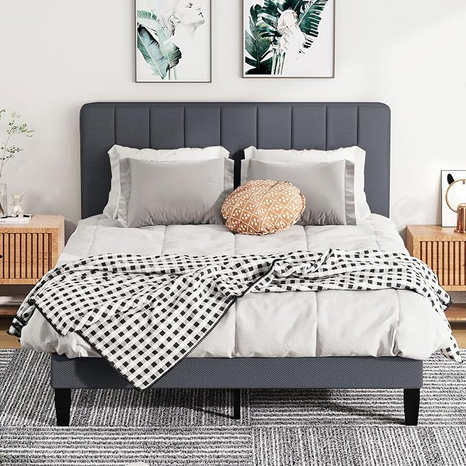 Queen Size Bed Frame with Headboard, Platform Bed with Soft Linen Upholstered Headboard | Wooden Slats Support | Adjustable Height | No Box Spring Needed, Queen Bed Frame Grey