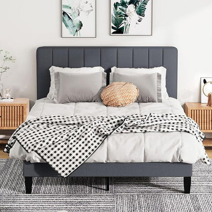Queen Size Bed Frame with Headboard, Platform Bed with Soft Linen Upholstered Headboard | Wooden Slats Support | Adjustable Height | No Box Spring Needed, Queen Bed Frame Grey