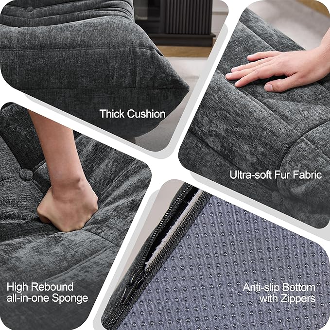 Hobestluk Giant Bean Bag Chair Faux Fur BeanBag Couch for Living Room | Darkgrey Chenille, 3-Seater,Ergonomic Design,Memory Foam,Anti-slip Bottom,No Assembly,Decorative Style for Living Room
