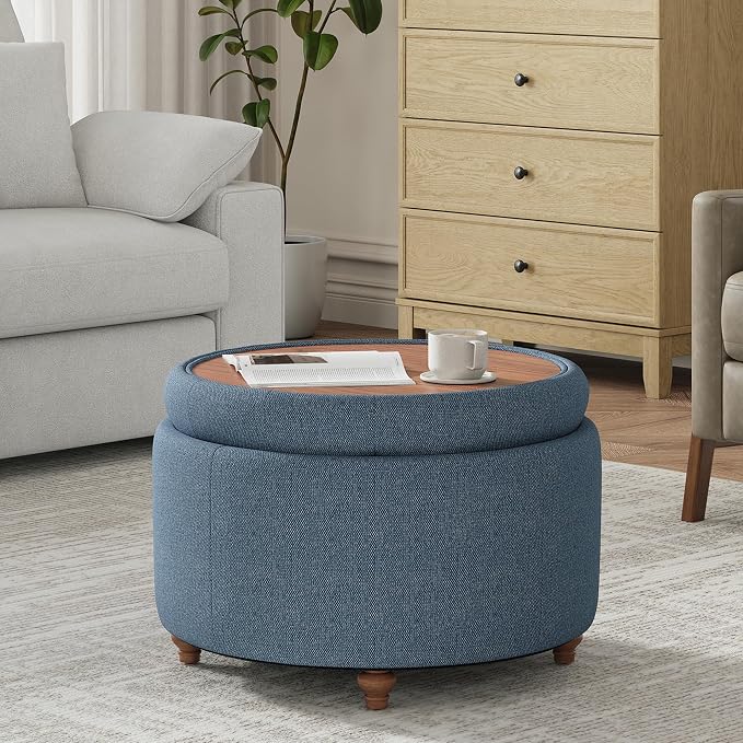 25Inch Round Ottoman with Storage, Tufted Fabric Modern Circle Ottoman with Reversible Tray Lid and Wood Legs, Multi-Functional Small Coffee Table for Living Room, Bedroom, Blue