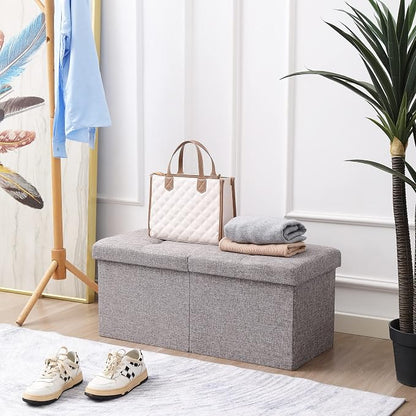 Storage Ottoman Bench Foldable Seat Footrest End of Bed Ottoman with Flipping Lid for Living Room, 75L, 30 inches Linen Fabric Grey