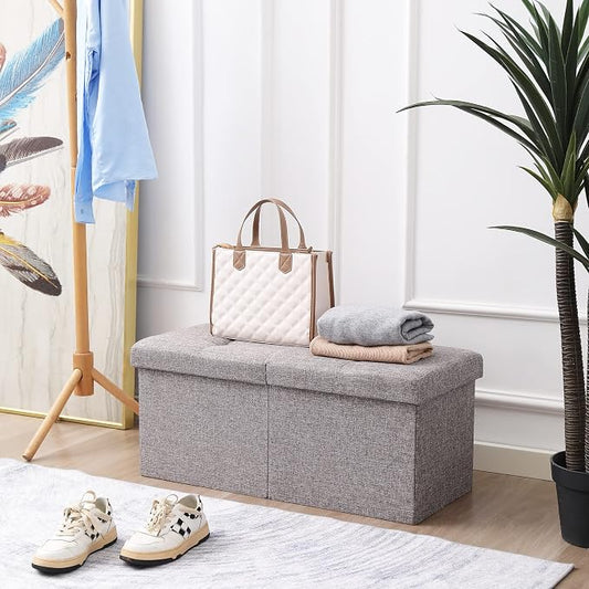 Storage Ottoman Bench Foldable Seat Footrest End of Bed Ottoman with Flipping Lid for Living Room, 75L, 30 inches Linen Fabric Grey