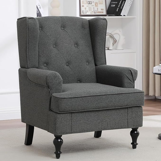 Accent Chair for Living Room, Mid Century Modern Upholstered Armchair, Wingback Chair with Tufted High Back and Solid Legs, Comfy Side Chairs Single Sofa for Bedroom, Dark Grey