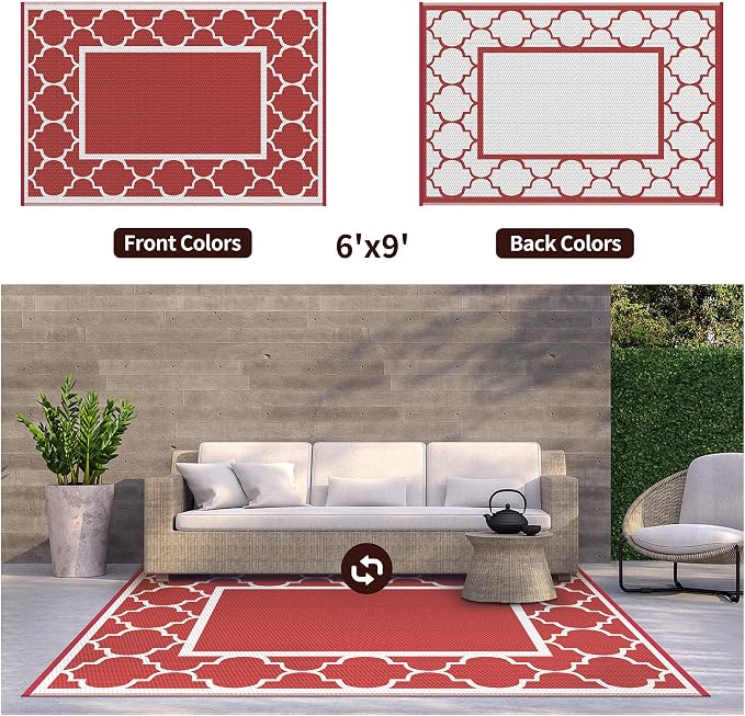 GENIMO 6' x 9' Outdoor Rug Waterproof for Patio Decor, Foldable Reversible Plastic Straw Area Rugs Mat for Camper, Outside Carpet for Rv, Deck, Porch, Picnic, Beach, Balcony, Red & White