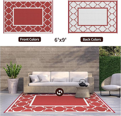 GENIMO 6' x 9' Outdoor Rug Waterproof for Patio Decor, Foldable Reversible Plastic Straw Area Rugs Mat for Camper, Outside Carpet for Rv, Deck, Porch, Picnic, Beach, Balcony, Red & White