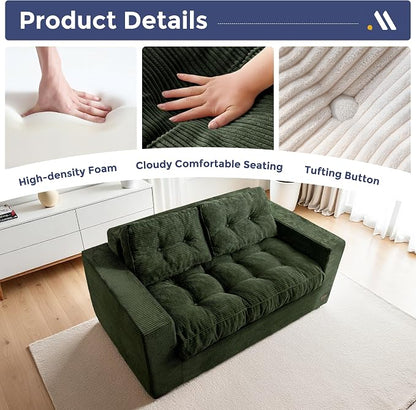 MAXYOYO Loveseat Sofa Couch, Upholstered Bean Bag Chair Cloud 2-Seat for Adults, Boneless Couch with Tufted Cushion & Pillows, Sofa in A Box, No Assembly Required, Dark Green