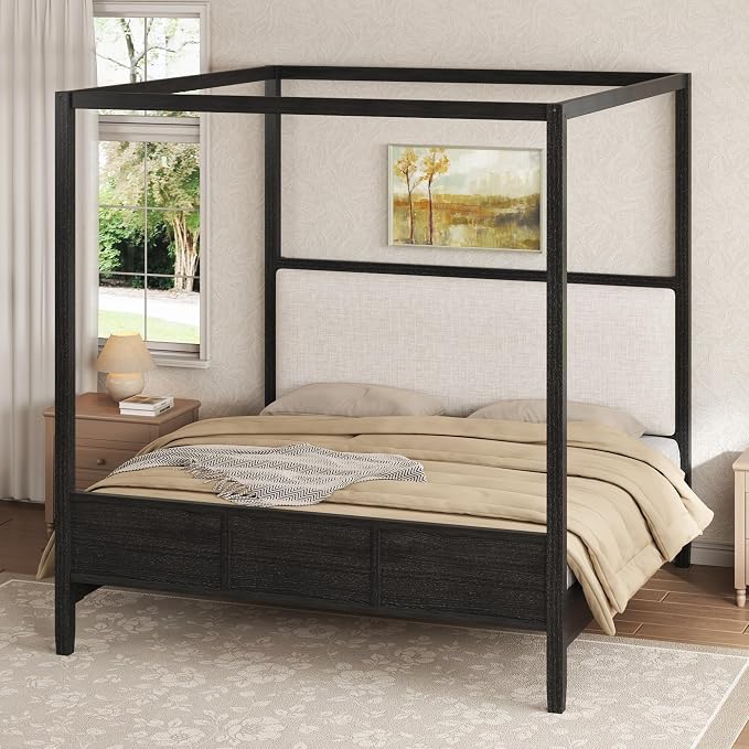 Merax Queen Size Canopy Bed with Upholstered Headboard, Wooden Platform Bed Frame with 4-Posters, Solid Wood Slat Support, No Box Spring Needed