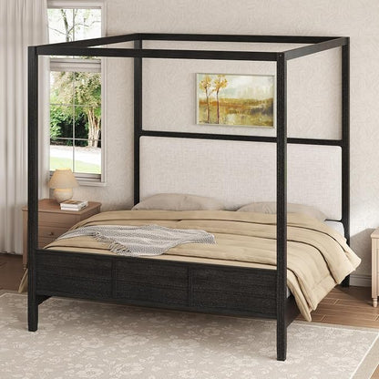 Merax Queen Size Canopy Bed with Upholstered Headboard, Wooden Platform Bed Frame with 4-Posters, Solid Wood Slat Support, No Box Spring Needed
