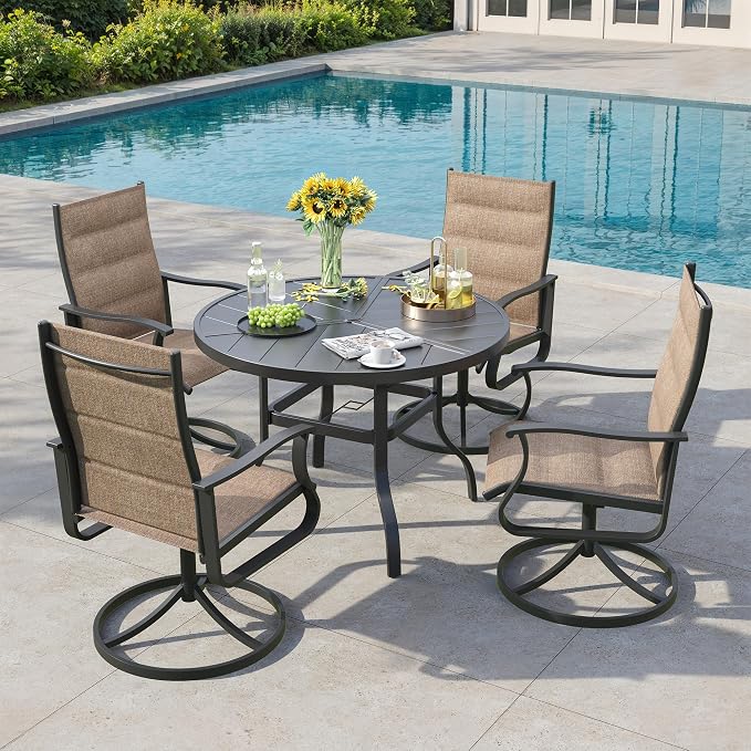 5 Pieces Patio Dining Set, Padded Patio Outdoor Furniture Set of 4 Patio Swivel Dining Chairs and 39" Patio Spliced Round Tabletop with Umbrella Hole, for Deck, Backyard, Poolside & Garden