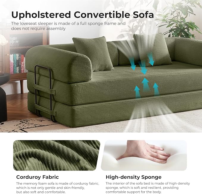 79" 5-in-1 Convertible Sofa Bed No Assembly, Boneless Couch Bed with High Density Foam, Foldable Sleeper Sofa, Corduroy Modular Couch for Apartment, Studio, Dorm Room, Small Space, Light Green