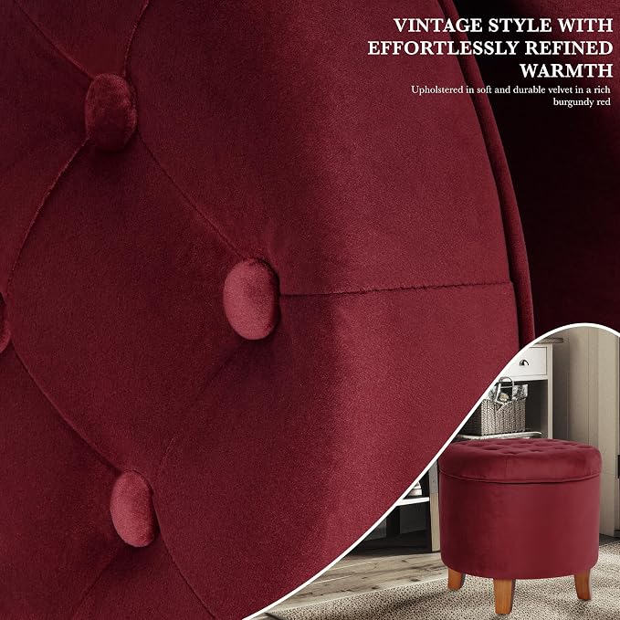 Homepop Home Decor | Upholstered Round Velvet Tufted Foot Rest Ottoman | Ottoman with Storage for Living Room & Bedroom | Decorative Home Furniture, Burgundy Small