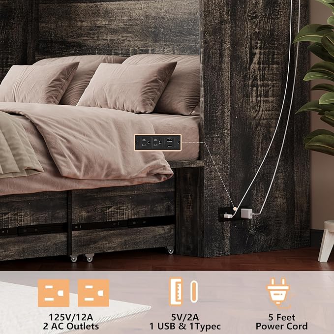 Bellemave Queen Murphy Bed, Cabinet Bed with Charging Station and Storage, Farmhouse Murphy Cabinet with Foldable Panel, Noisy Free, for Guest Bedroom, Living Room, Office, Rustic Gray