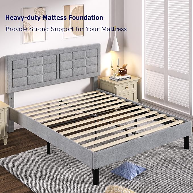 VECELO Queen Size Bed Frame, Adjustable Upholstered Button Tufted Headboard, Heavy-Duty Bedframe with Wood Slats Support, No Box Spring Needed, Linen & Light Grey