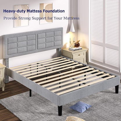 VECELO Queen Size Bed Frame, Adjustable Upholstered Button Tufted Headboard, Heavy-Duty Bedframe with Wood Slats Support, No Box Spring Needed, Linen & Light Grey