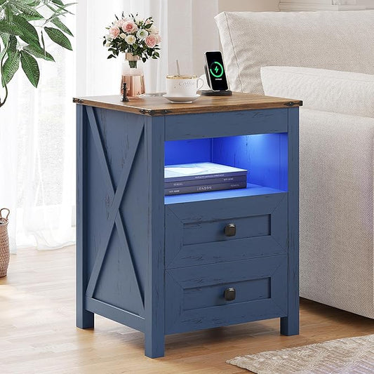 TAGELIER Farmhous Nightstand with Gun Drawer,Bedside Table with Charging Station, Gun Night Stand with LED Light & Human Sensor,Smart End Table for Bedroom, Blue