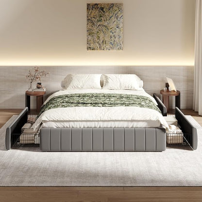 SHA CERLIN Full Size Velvet Upholstered Platform Bed Frame with 4 Storage Drawers, Vertical Channel Tufted, Low Profile, Fits Standard Headboards, Wooden Slats Support, Easy Assembly, Grey