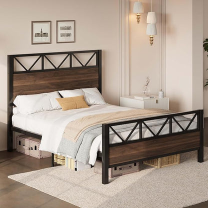 LIKIMIO Queen Bed Frame, Tall Industrial Headboard 51.2 ", Platform Bed Frame with Strong Metal Support, Solid and Stable, Noise Free, No Box Spring Needed, Easy Assembly, Walnut