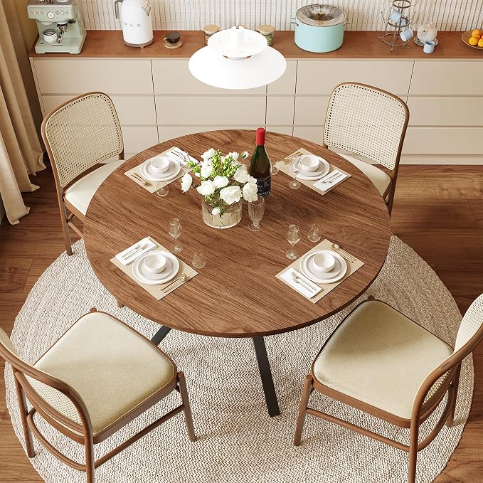 Dining Table for 2-4, 43“ Round Dining Room Kitchen Table with Storage,Round Table for Living Room,Fluted Wood Table,Oval Dinner Furniture with Adjustable feet (Walnut, 43 Inch)