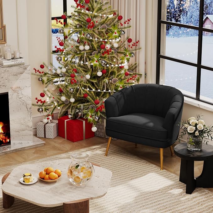 Andeworld Velvet Accent Chair, Upholstered Modern Single Sofa Side Chair,Comfy Barrel Club Living Room Armchair with Golden Metal Legs for Bedroom Living Reading Room Office, Black