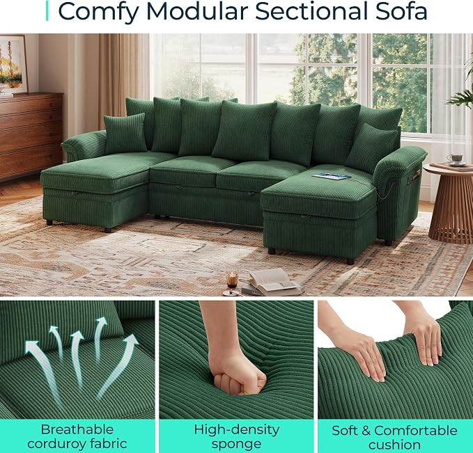 LINSY HOME Oversized Sectional Sleeper Sofa with Pull Out Couch Bed (Green, 118.5'') | USB Charging