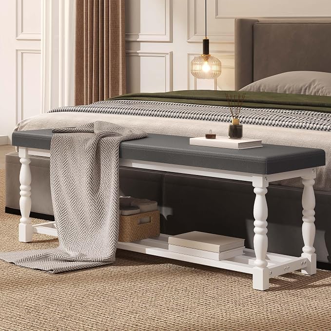 YITAHOME 48 Inch Entryway Bench, Storage Bench with Metal Shelf & Cushioned Seat, Indoor Shoe Rack Bench Seat for Dressing Room, Bedroom, Hallway, Entrance, Grey & White