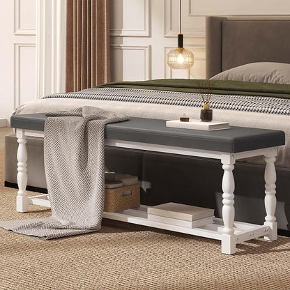 YITAHOME 48 Inch Entryway Bench, Storage Bench with Metal Shelf & Cushioned Seat, Indoor Shoe Rack Bench Seat for Dressing Room, Bedroom, Hallway, Entrance, Grey & White