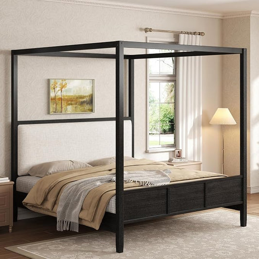 Merax King Size Canopy Bed with Upholstered Headboard, Wooden Platform Bed Frame with 4-Posters, Solid Wood Slat Support, No Box Spring Needed