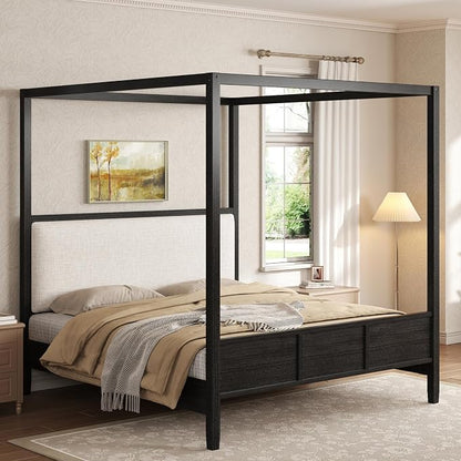 Merax Queen Size Canopy Bed with Upholstered Headboard, Wooden Platform Bed Frame with 4-Posters, Solid Wood Slat Support, No Box Spring Needed