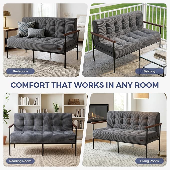 MAXYOYO Living Room Accent Chair, Loveseat Sofa Chair with Sturdy Metal Frame & Wood Armrests, Button Tufted Upholstered Small Couch Modern Love Seat for Bedroom Office, Dark Grey