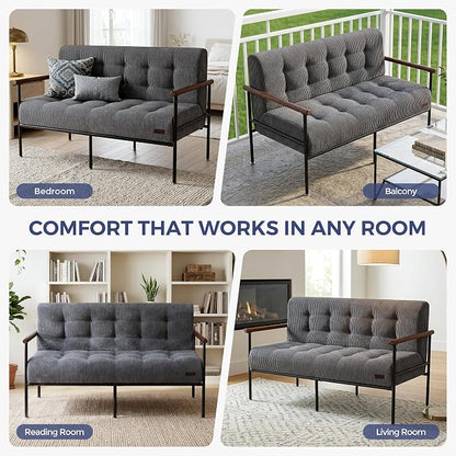 MAXYOYO Living Room Accent Chair, Loveseat Sofa Chair with Sturdy Metal Frame & Wood Armrests, Button Tufted Upholstered Small Couch Modern Love Seat for Bedroom Office, Dark Grey