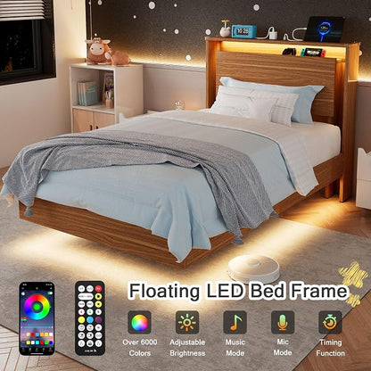 Einhomn Twin Bed Frame with Storage Headboard & LED Lights – Wood Floating Bed Frame with Charging Station, Non-Slip Slat, Kick-Free & Noise-Free Design, Easy Assembly, Walnut