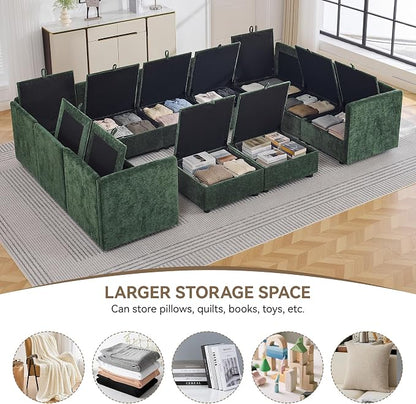 130" Green Oversized Modular Storage Sofa, U Shaped Chenille Cloud Couch | Oversized Convertible Sectional Sofa, 9-Seat Sectional Couch With 2 Ottomans, Large Cloud Couch For Living Room, Apartment.