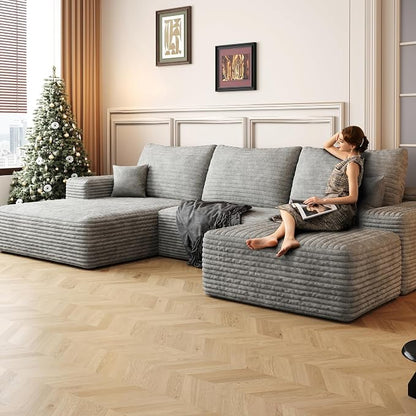 107" U Shaped Cloud Corduroy Couch with Ottoman, Comfy Sectional Boneless Couches for Living Room Bedroom, Deep Seat Sleeper Compression Sofa, No Assembly, Left Facing Chaise, Grey