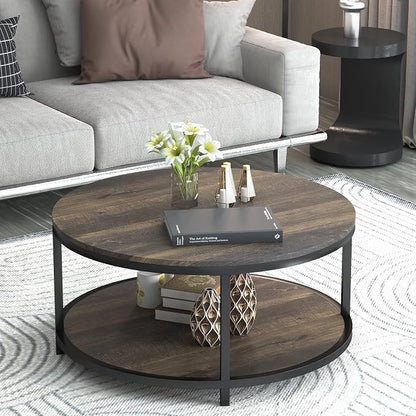 NSdirect 36 inches Round Coffee Table, Rustic Wooden Surface Top & Sturdy Metal Legs Industrial Sofa Table for Living Room Modern Design Home Furniture with Storage Open Shelf(Rustic Brown)