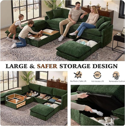 Ihanherry Oversized Sectional Sofa Bed with Storage, 103" 6-Seater Modular Cloud Couch with Movable Ottomans, Chenille Deep Seat Sleeper Couches for Living Room (Green)