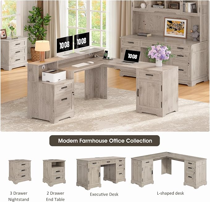 Whalefall 63'' Farmhouse L Shaped Desk with Monitor Stand Shelves, Gray | Corner Computer Desk with Drawers, Executive Home Office L Desk with File Cabinet Storage and Charging Station