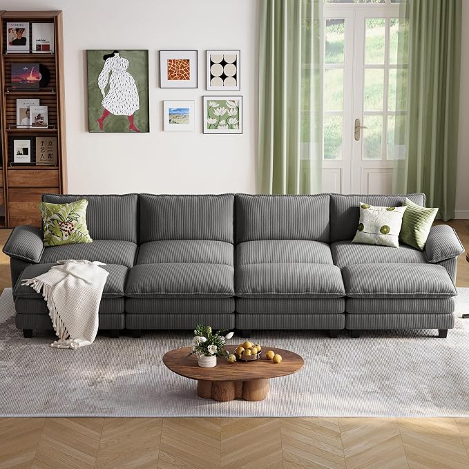 LINSY HOME 157'' Modular Sectional Sofa 4 Seat Couch Corduroy Cloud Couch with Deep Seat, Modern Cloud Couch with 4 Movable Ottoman for Living Room, Office, Bedroom, Grey