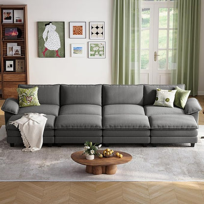 LINSY HOME 157'' Modular Sectional Sofa 4 Seat Couch Corduroy Cloud Couch with Deep Seat, Modern Cloud Couch with 4 Movable Ottoman for Living Room, Office, Bedroom, Grey