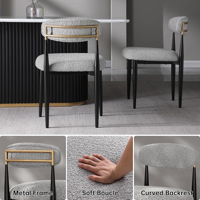 Morden Fort Modern Dining Chairs Set of 2, Boucle Upholstered Kitchen Chairs with Open Backs and Black Metal Legs for Dining Room, Kitchen and Apartment, Grey