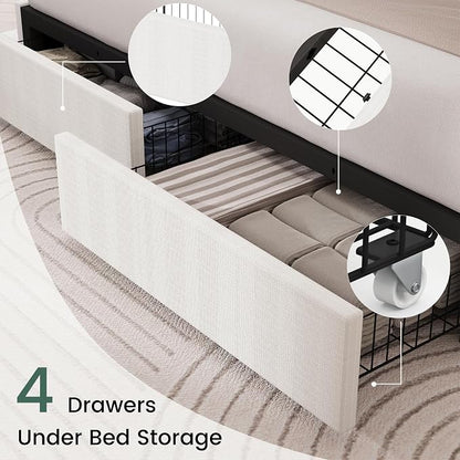 LARMACE King Size Bed Frame with 4 Storage Drawers and Wingback Headboard Linen Upholstered Platform Bed Frame with Wooden Slats, Easy Assembly, White