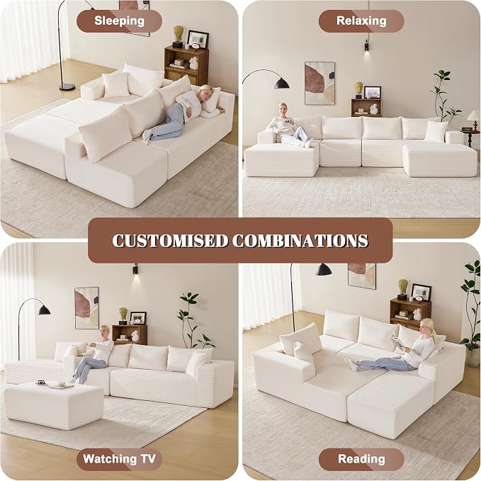 Mangodan 140” Cloud Sectional Couch, Modular Sectional Sofa with Deep Seat, Boneless Sofa for Living Room, Fluffy Comfy U-Shaped Couch with Left Facing Chaise, No Assembly Required, Beige