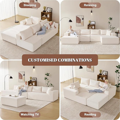 Mangodan 140” Cloud Sectional Couch, Modular Sectional Sofa with Deep Seat, Boneless Sofa for Living Room, Fluffy Comfy U-Shaped Couch with Left Facing Chaise, No Assembly Required, Beige