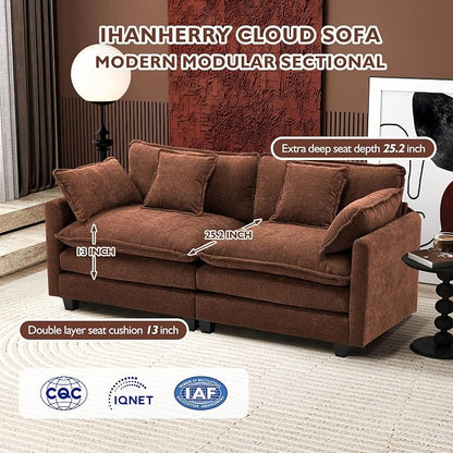 Ihanherry Cloud Sofa 77 Inch Loveseat, Modern Sectional Couch, 2-Seats Sofa for Living Room Bedroom and Apartment, Comfy Double Layer Upholstered Seat Cushion, Breathable Chenille Fabric, Brick Red